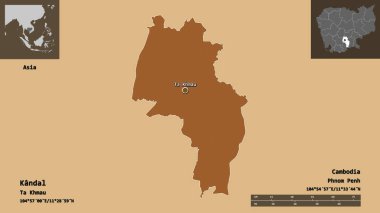 Kandal 'ın şekli, Kamboçya vilayeti ve başkenti. Uzaklık ölçeği, ön gösterimler ve etiketler. Desenli dokuların bileşimi. 3B görüntüleme