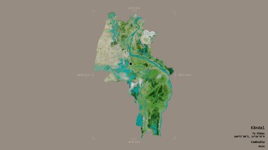 Kandal bölgesi, Kamboçya vilayeti, jeoreferatlı bir sınır kutusunda sağlam bir arka planda izole edilmiş. Etiketler. Uydu görüntüleri. 3B görüntüleme