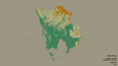 Kaoh Kong bölgesi, Kamboçya vilayeti, jeoreferatlı bir sınır kutusunda sağlam bir arka planda izole edilmiş. Etiketler. Topografik yardım haritası. 3B görüntüleme