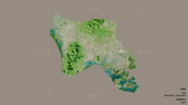 Kep bölgesi, Kamboçya vilayeti, jeoreferatlı bir sınır kutusunda sağlam bir arka planda izole edilmiş. Etiketler. Uydu görüntüleri. 3B görüntüleme