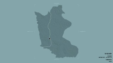 Kracheh bölgesi, Kamboçya vilayeti, jeoreferatlı bir sınır kutusunda sağlam bir arka planda izole edilmiş. Etiketler. Renkli yükseklik haritası. 3B görüntüleme