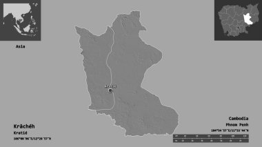 Kamboçya vilayeti ve başkenti Kracheh 'nin şekli. Uzaklık ölçeği, ön gösterimler ve etiketler. Çift seviyeli yükseklik haritası. 3B görüntüleme