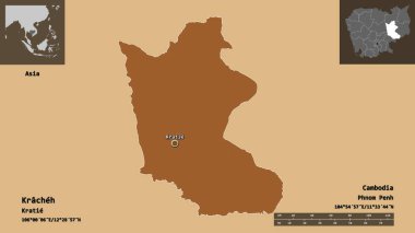 Kamboçya vilayeti ve başkenti Kracheh 'nin şekli. Uzaklık ölçeği, ön gösterimler ve etiketler. Desenli dokuların bileşimi. 3B görüntüleme