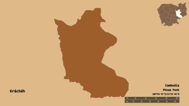 Kamboçya 'nın Kracheh eyaleti, başkenti sağlam bir zemin üzerinde izole edilmiştir. Uzaklık ölçeği, bölge önizlemesi ve etiketleri. Desenli dokuların bileşimi. 3B görüntüleme