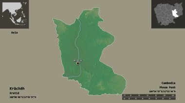 Kamboçya vilayeti ve başkenti Kracheh 'nin şekli. Uzaklık ölçeği, ön gösterimler ve etiketler. Topografik yardım haritası. 3B görüntüleme