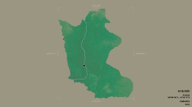 Kracheh bölgesi, Kamboçya vilayeti, jeoreferatlı bir sınır kutusunda sağlam bir arka planda izole edilmiş. Etiketler. Topografik yardım haritası. 3B görüntüleme