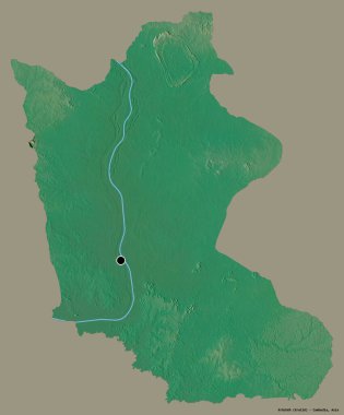Kamboçya 'nın Kracheh eyaleti, başkenti katı renk arkaplanı ile izole edilmiştir. Topografik yardım haritası. 3B görüntüleme