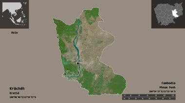 Kamboçya vilayeti ve başkenti Kracheh 'nin şekli. Uzaklık ölçeği, ön gösterimler ve etiketler. Uydu görüntüleri. 3B görüntüleme