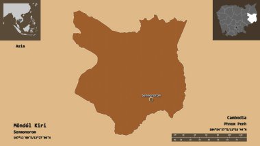 Mondol Kiri 'nin şekli, Kamboçya vilayeti ve başkenti. Uzaklık ölçeği, ön gösterimler ve etiketler. Desenli dokuların bileşimi. 3B görüntüleme