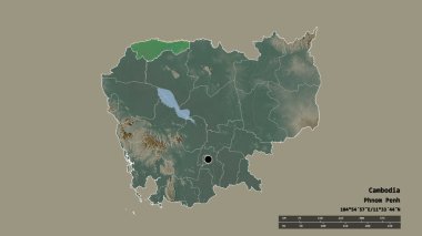 Başkenti, ana bölgesel bölümü ve ayrılmış Otdar Mean Chey bölgesi ile Kamboçya 'nın dejenere edilmiş şekli. Etiketler. Topografik yardım haritası. 3B görüntüleme