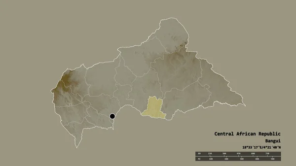 以首都 主要区域分部和分离的巴塞 科托地区为首都的中非共和国的绝望状态 地形浮雕图 3D渲染 — 图库照片