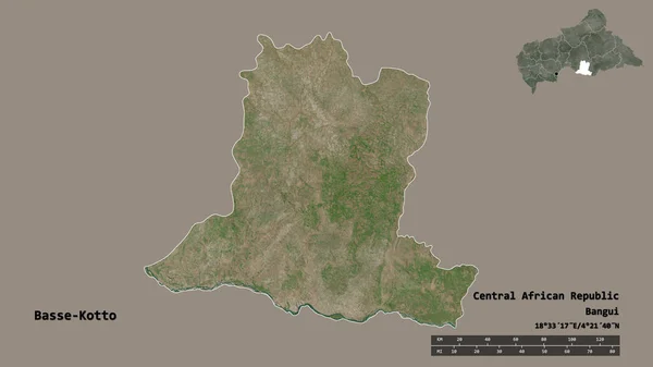 中非共和国巴塞 科托省的形状 其首都在坚实的背景下与世隔绝 距离尺度 区域预览和标签 卫星图像 3D渲染 — 图库照片