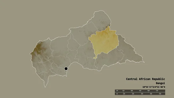 以首都 主要区域分部和分离的上科托地区为首都的中非共和国的绝望状态 地形浮雕图 3D渲染 — 图库照片