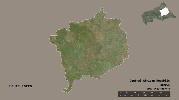 中非共和国上科托省的形状 其首都在坚实的背景下与世隔绝 距离尺度 区域预览和标签 卫星图像 3D渲染 — 图库照片