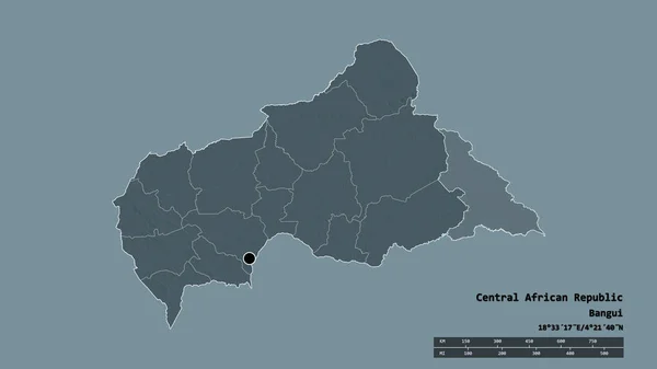 以首都 主要区域分部和分离的上姆博穆地区为首都的中非共和国的绝望状态 彩色高程图 3D渲染 — 图库照片