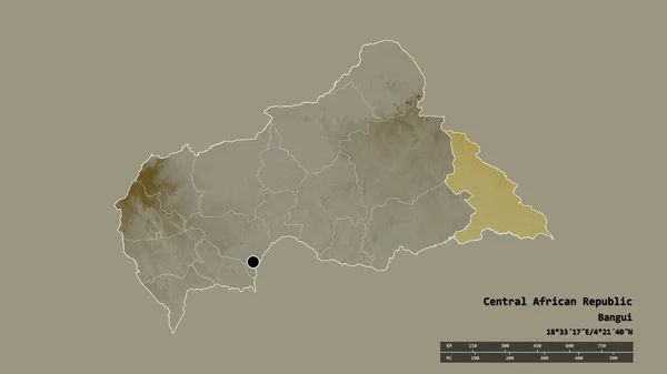 以首都 主要区域分部和分离的上姆博穆地区为首都的中非共和国的绝望状态 地形浮雕图 3D渲染 — 图库照片