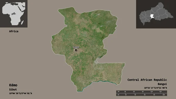 中非共和国凯莫省及其首都的形状 距离刻度 预览和标签 卫星图像 3D渲染 — 图库照片
