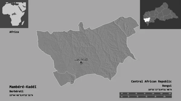 中央アフリカ共和国の県であるマンベレ カダイの形とその首都 距離スケール プレビューおよびラベル 標高マップ 3Dレンダリング — ストック写真
