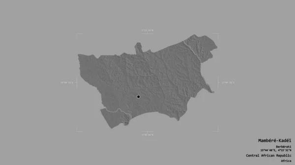 中央アフリカ共和国のマンベレ カダイ県の地域は 優れた境界線の箱の中にしっかりとした背景に隔離されています ラベル 標高マップ 3Dレンダリング — ストック写真