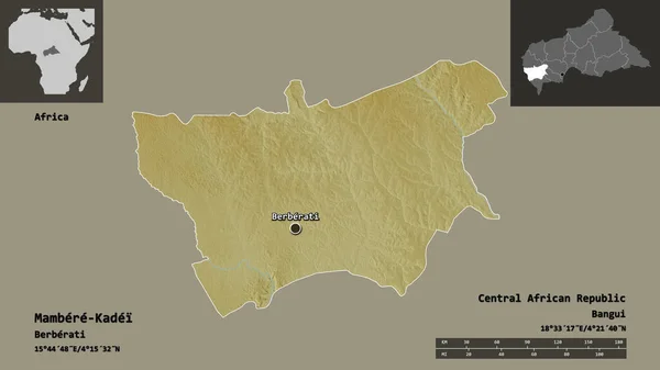 中非共和国的Mambere Kadei省的形状及其首都 距离刻度 预览和标签 地形浮雕图 3D渲染 — 图库照片