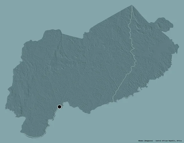 中央アフリカ共和国のムボモウ県の形で その首都はしっかりとした色背景に隔離されています 色の標高マップ 3Dレンダリング — ストック写真