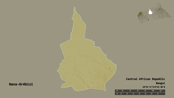中非共和国经济都道府县纳纳 格里比齐的形状 其首都在坚实的背景下与世隔绝 距离尺度 区域预览和标签 地形浮雕图 3D渲染 — 图库照片