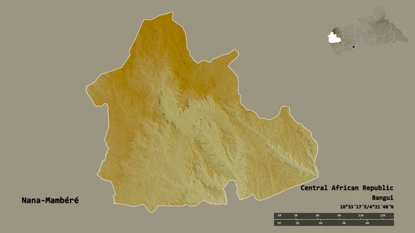中非共和国纳纳 曼贝雷省的形状 其首都在坚实的背景下与世隔绝 距离尺度 区域预览和标签 地形浮雕图 3D渲染 — 图库照片