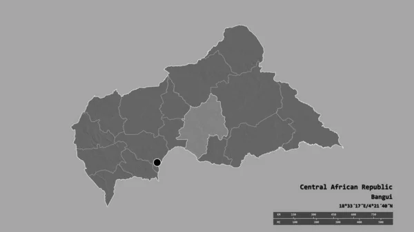 以首都 主要区域分部和分离的瓦卡地区为首都的中非共和国的绝望状态 Bilevel高程图 3D渲染 — 图库照片