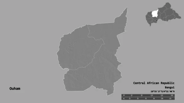 中非共和国瓦姆省的形状 其首都在坚实的背景下与世隔绝 距离尺度 区域预览和标签 Bilevel高程图 3D渲染 — 图库照片