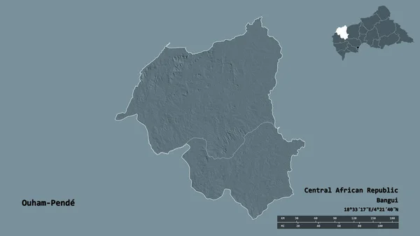 中非共和国瓦姆 彭代省的形状 其首都在坚实的背景下与世隔绝 距离尺度 区域预览和标签 彩色高程图 3D渲染 — 图库照片