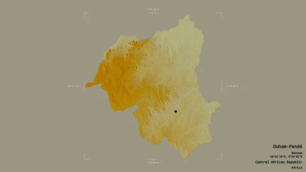 中部アフリカ共和国のオハム ペンデ県の地域は 洗練された境界線の箱の中にしっかりとした背景に隔離されています ラベル 地形図 3Dレンダリング — ストック写真