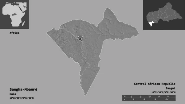中央アフリカ共和国の経済県であるサンガ ムベレ県とその首都の形 距離スケール プレビューおよびラベル 標高マップ 3Dレンダリング — ストック写真