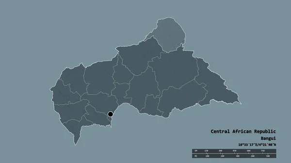 以首都 主要区域分部和分离的瓦卡加地区为首都的中非共和国的绝望状态 彩色高程图 3D渲染 — 图库照片