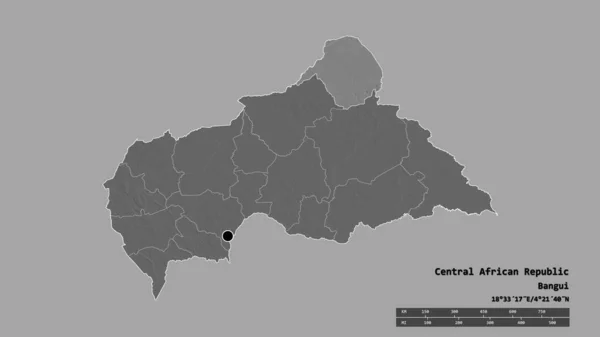 以首都 主要区域分部和分离的瓦卡加地区为首都的中非共和国的绝望状态 Bilevel高程图 3D渲染 — 图库照片