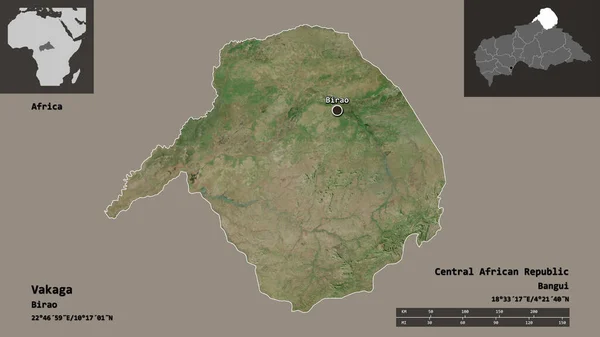中非共和国瓦卡加省的形状及其首都 距离刻度 预览和标签 卫星图像 3D渲染 — 图库照片