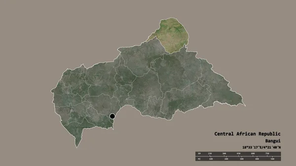 以首都 主要区域分部和分离的瓦卡加地区为首都的中非共和国的绝望状态 卫星图像 3D渲染 — 图库照片