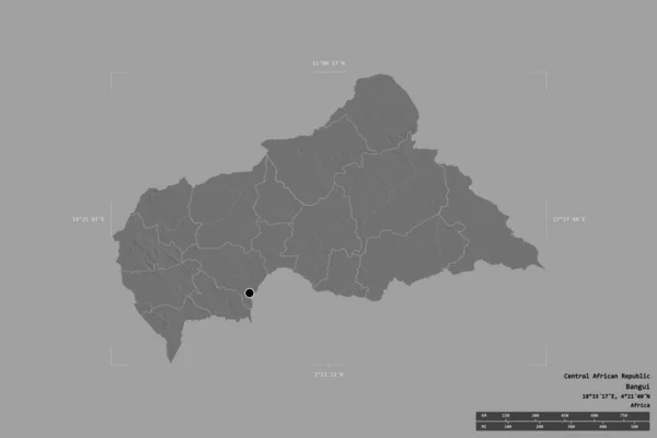 中央アフリカ共和国の地域は 洗練された境界の箱の中にしっかりとした背景に隔離されました 主な地域部門 距離スケール ラベル 標高マップ 3Dレンダリング — ストック写真