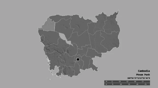 主要な地域部門と分離バンテアイ メンキー地域とカンボジアの荒廃した形 ラベル 標高マップ 3Dレンダリング — ストック写真