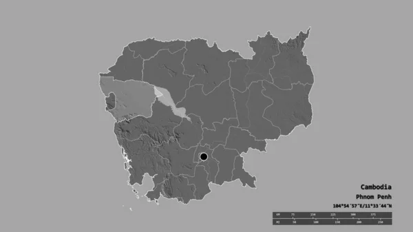 主要な地域部門と分離バタンバン地域とカンボジアの荒廃した形 ラベル 標高マップ 3Dレンダリング — ストック写真