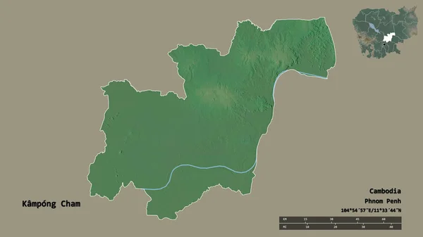 カンボジア州のカンポン チャムの形は その資本がしっかりとした背景に隔離されています 距離スケール リージョンプレビュー およびラベル 地形図 3Dレンダリング — ストック写真