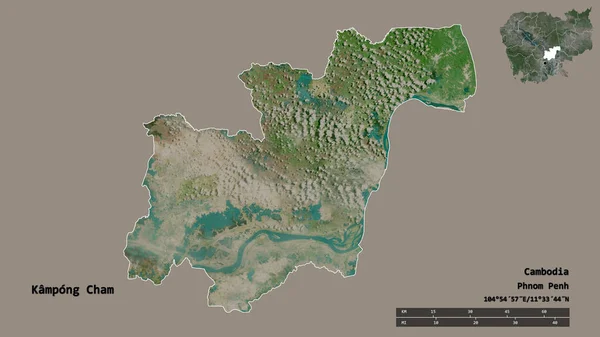 カンボジア州のカンポン チャムの形は その資本がしっかりとした背景に隔離されています 距離スケール リージョンプレビュー およびラベル 衛星画像 3Dレンダリング — ストック写真