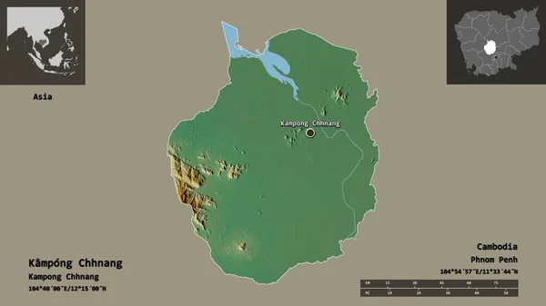 カンボジア共和国の首都カンポン チャン州の形 距離スケール プレビューおよびラベル 地形図 3Dレンダリング — ストック写真