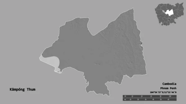 柬埔寨磅图姆省的形状 其首都在坚实的背景下与世隔绝 距离尺度 区域预览和标签 Bilevel高程图 3D渲染 — 图库照片