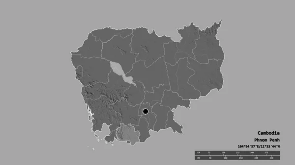 主要な地域部門と分離カンポット地域とカンボジアの荒廃した形 ラベル 標高マップ 3Dレンダリング — ストック写真