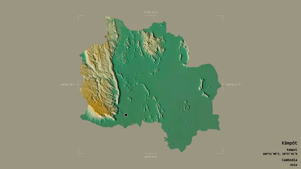 柬埔寨贡布地区 以坚实的背景隔离在一个地理参考的包围箱中 地形浮雕图 3D渲染 — 图库照片