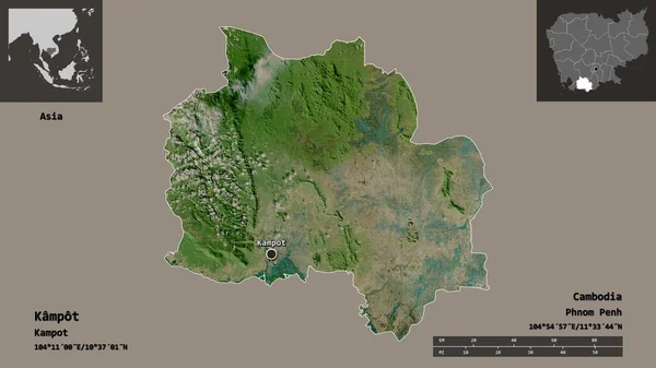 Form Kampot Provinsen Kambodja Och Dess Huvudstad Avståndsskala Förhandsvisningar Och — Stockfoto