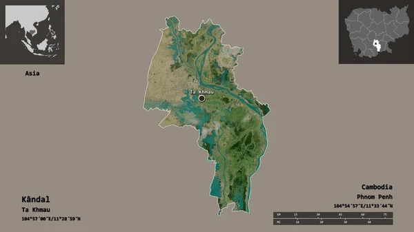 柬埔寨干丹省的形状及其首都 距离刻度 预览和标签 卫星图像 3D渲染 — 图库照片