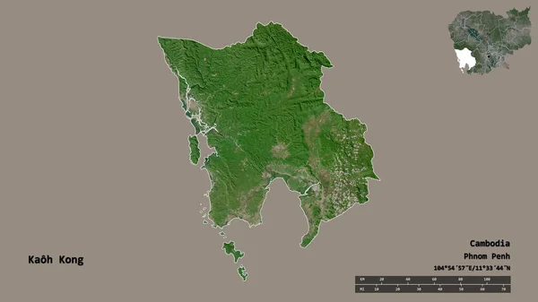 柬埔寨Kaoh Kong的形状 其首都在坚实的背景下与世隔绝 距离尺度 区域预览和标签 卫星图像 3D渲染 — 图库照片