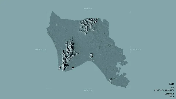 カンボジアのケップ州の地域は 洗練された境界ボックスにしっかりとした背景に隔離されています ラベル 色の標高マップ 3Dレンダリング — ストック写真