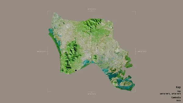 カンボジアのケップ州の地域は 洗練された境界ボックスにしっかりとした背景に隔離されています ラベル 衛星画像 3Dレンダリング — ストック写真